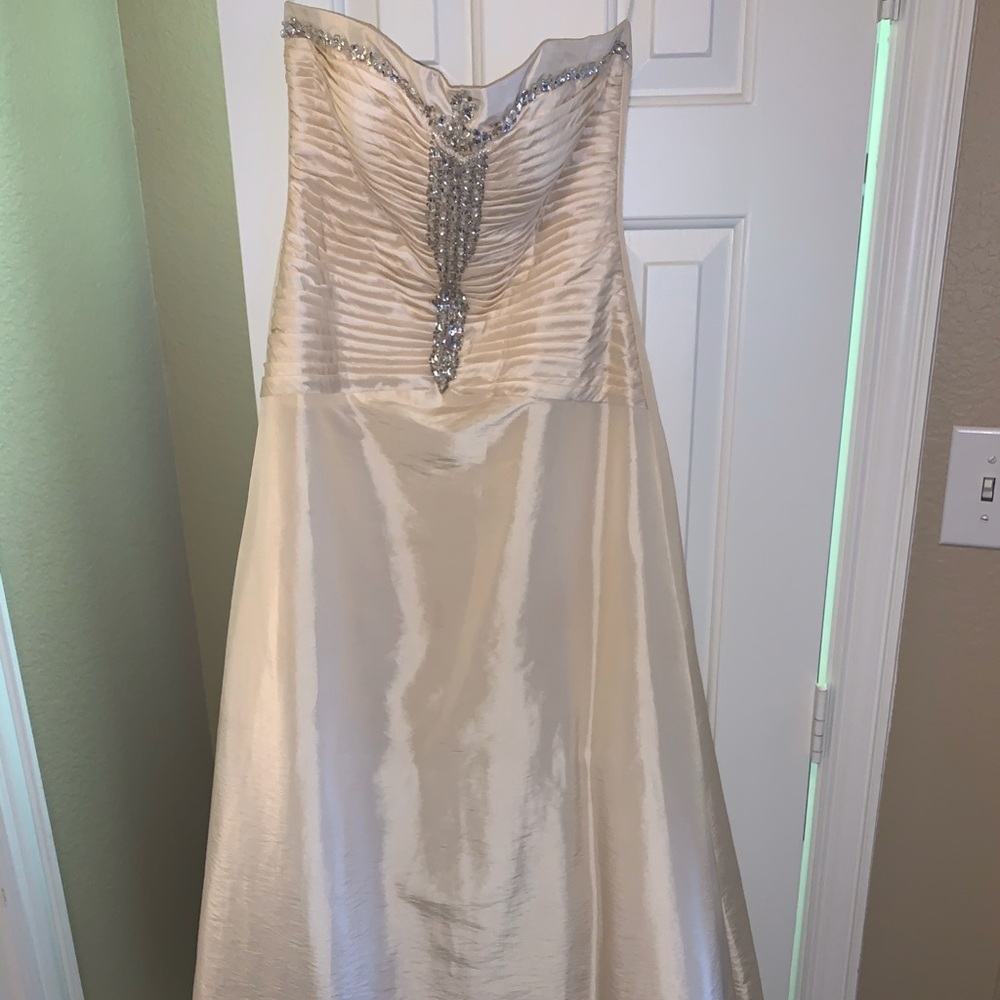 Champagne strapless formal dress with jeweled detail - Picture 3 of 15